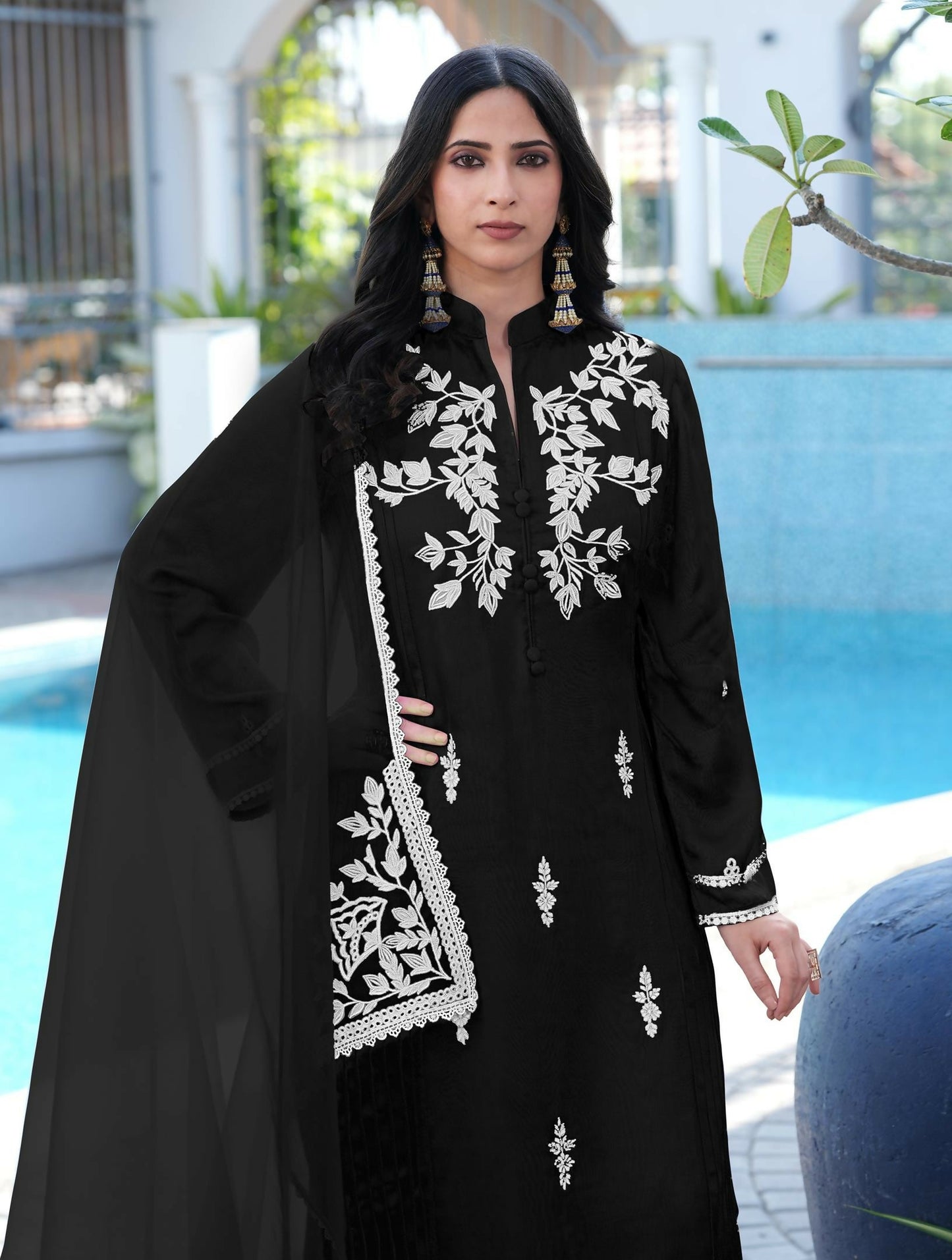 Nikhaar Black Embroidered Modal Silk Stitched Straight Cut Kurta Pants Dupatta Readymade Suit