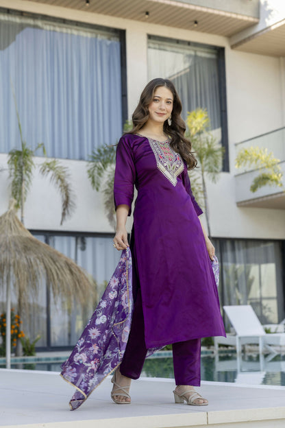 The52 Women's Gorgeous Embroidery Work Chanderi Cotton Fabric Straight Kurta Pant and Dupatta Set-Purple