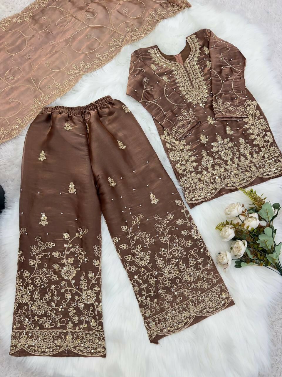 Teeya Creation Girls Heavy Embroidery Brown Ethnic Kurta And Palazzo Set With Net Dupatta