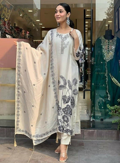 Teeya Creation New Womens Off-White Handloom Silk Embroidered Kurti Pant Set