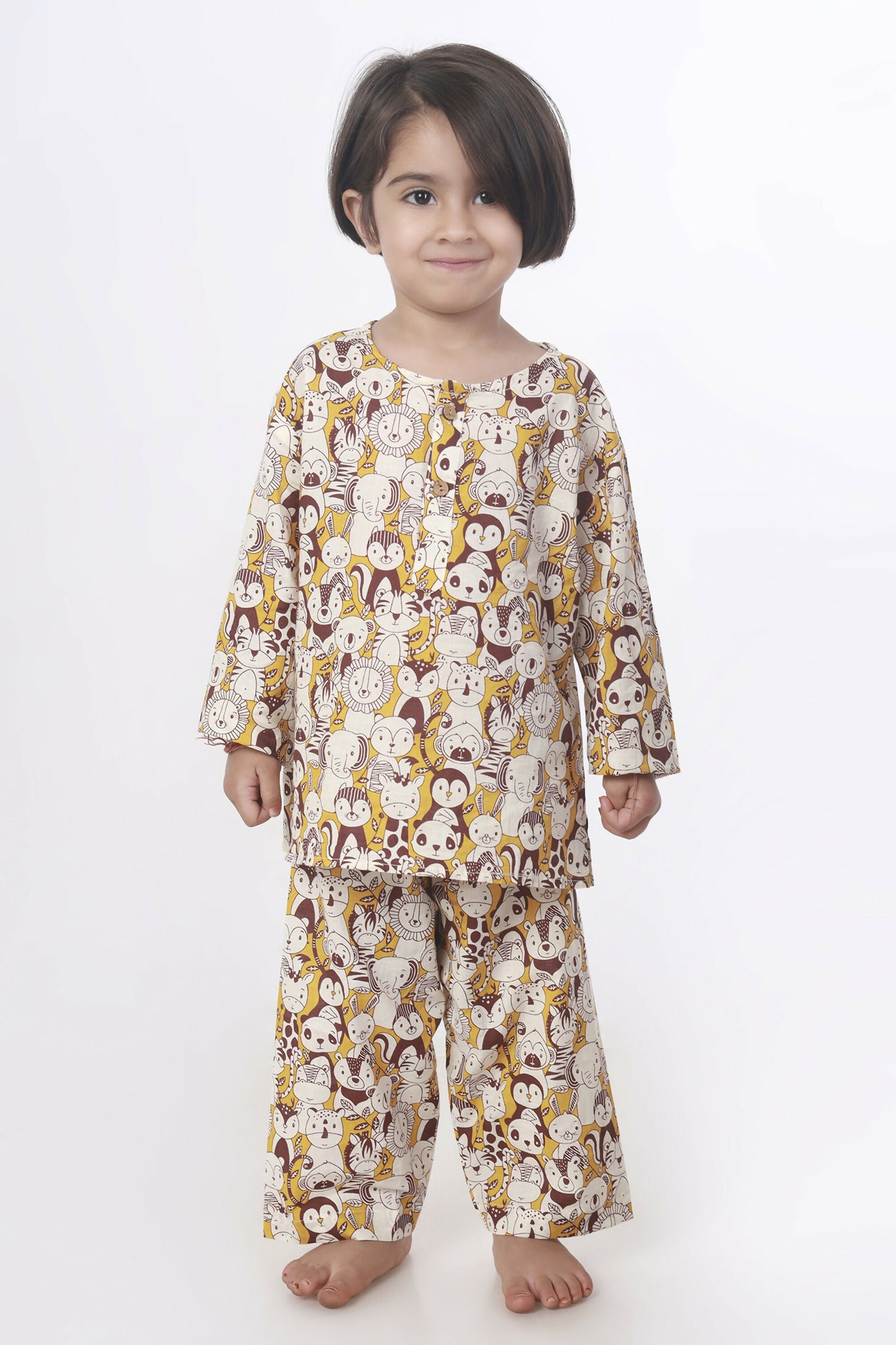 Breathables Sunny Yellow Animal Print Cotton Night Suit For Kids