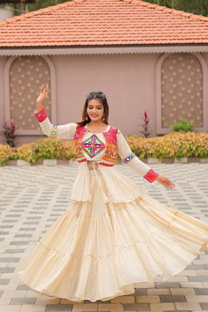 Teeya Creation Womens New Stylish Heavy Gamthi Work With Mirror Lace Work Cream Gown Set