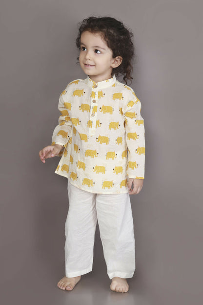 Breathables Kids Cotton Night Suit  Yellow Elephant Print Kurta & Pyjama Co-Ord Set For Boys & Girls