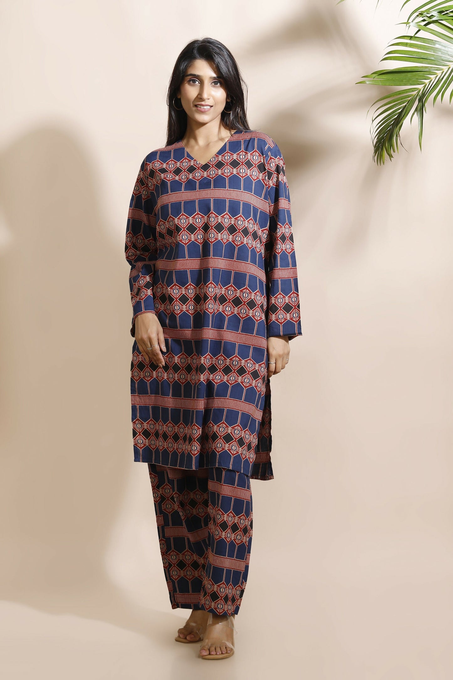 Breathables Women'S Blue Cotton Abstract Print Loungewear Co-Ord Set  Long Kurta & Pants