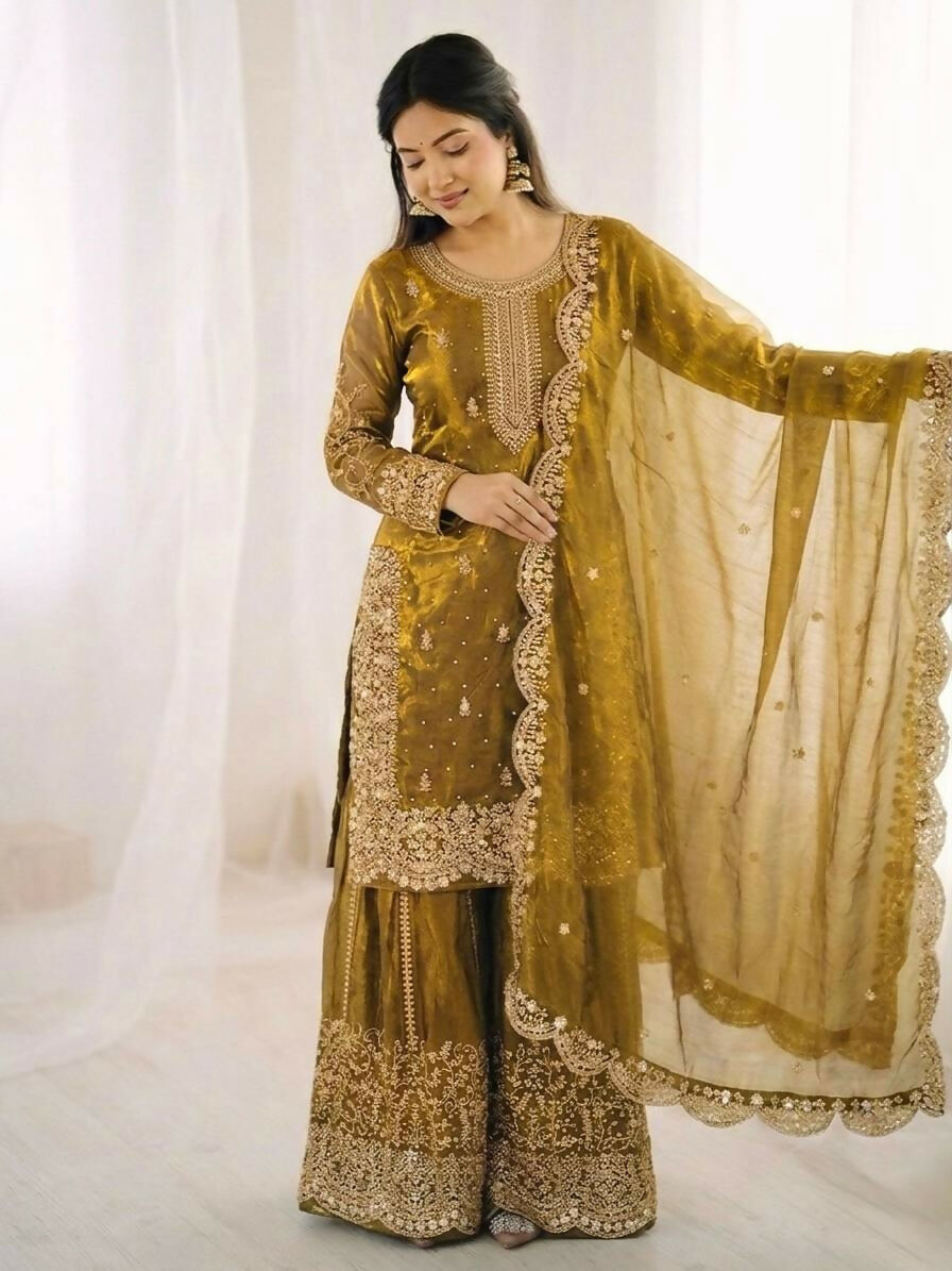 Teeya Creation Womens New Trendy Embroidery Coding And Sequence Work Gold Kurta Set