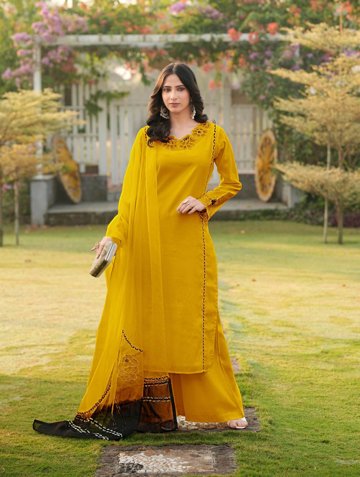 Nikhaar Yellow Embroidered Art Silk Stitched Straight Cut Kurta Palazzo Dupatta Readymade Suit
