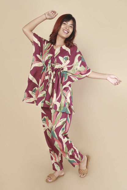 Breathables WomenS Loungewear Kaftan Cotton Wine Abstract Print Co-Ord Set
