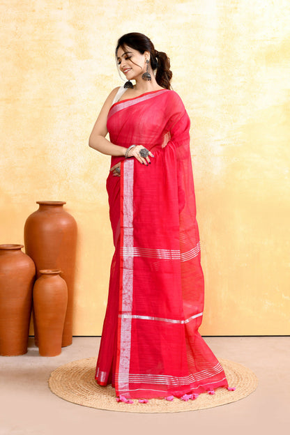 Piyari Fashion Women's Rani Pink Embellished Cotton Blend Zari Border Handloom Saree
