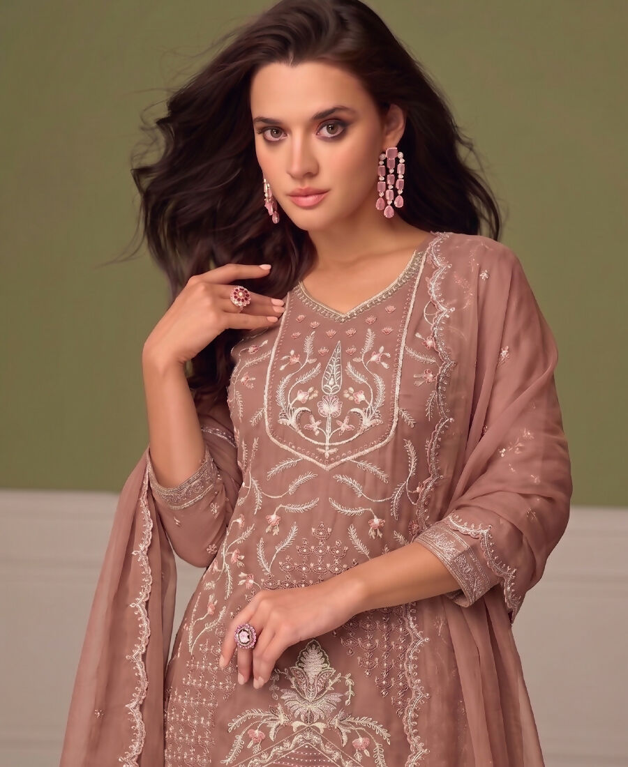 KC Beautiful Peach Chiffon Silk Hand Embroidery Suit For Women