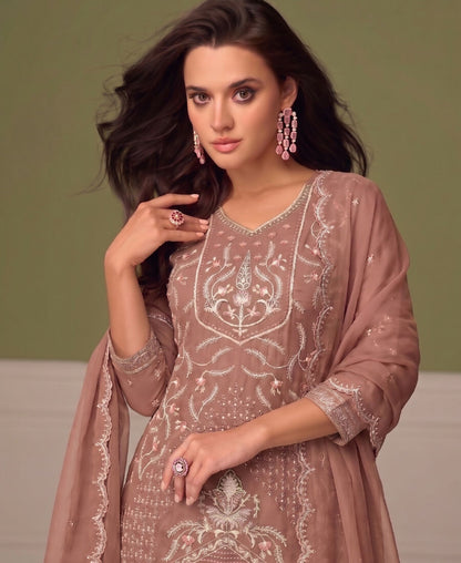 KC Beautiful Peach Chiffon Silk Hand Embroidery Suit For Women