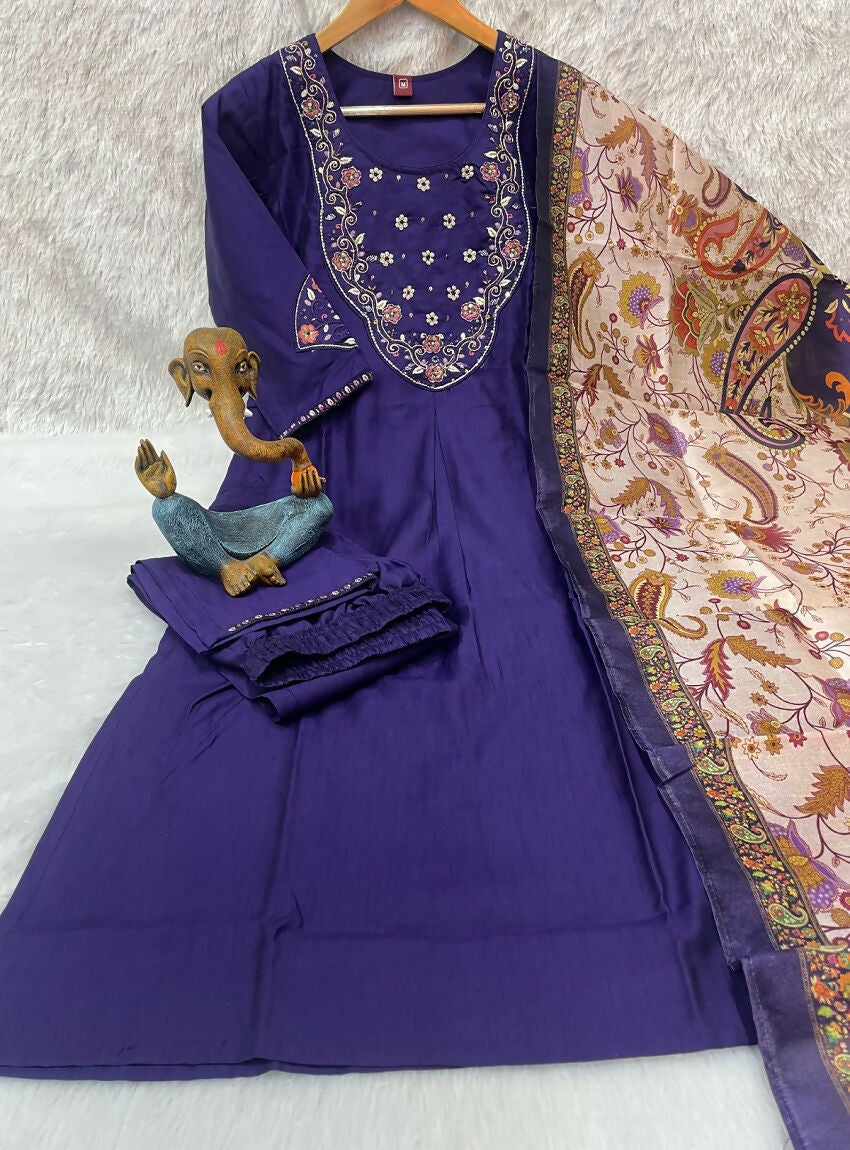 Teeya Creation Women Purple Embroidered Straight Kurta Set With Dupatta