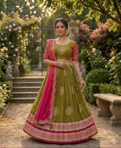 Teeya Creation Festive Olive Green Pink Designer Lehenga Choli Scalloped Border Dupatta
