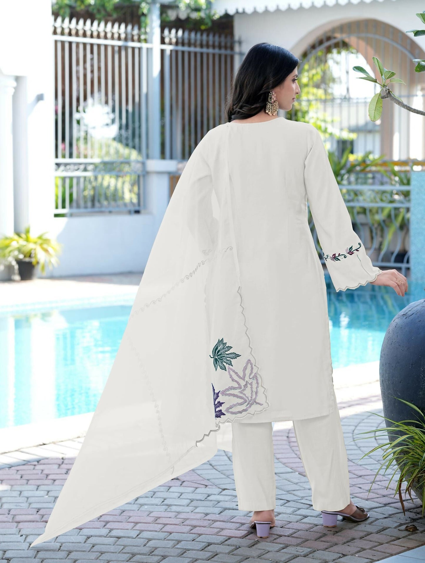 Nikhaar Cream Embroidered Art Silk Stitched Straight Cut Kurta Pants Dupatta Readymade Suit