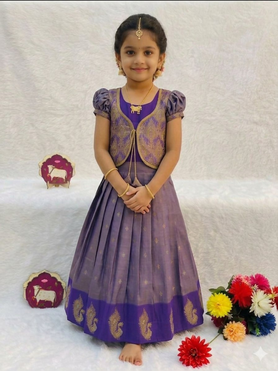 Teeya Creation New Latest Girls Purple Silk Pattu Pavadai Lehenga Choli Set With Brocade Koti-Purple