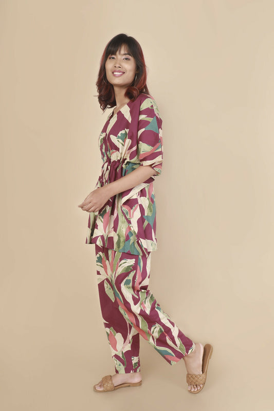 Breathables WomenS Loungewear Kaftan Cotton Wine Abstract Print Co-Ord Set