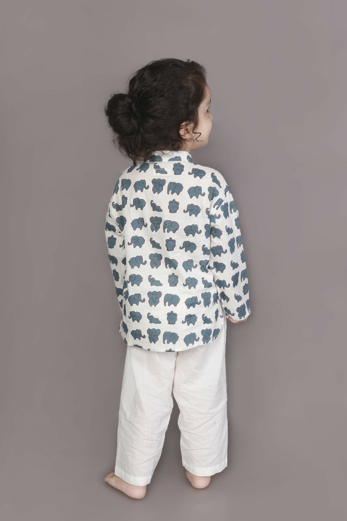 Breathables Kids Cotton Night Suit  White Elephant Print Kurta & Pyjama Co-Ord Set For Boys & Girls