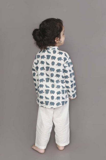 Breathables Kids Cotton Night Suit  White Elephant Print Kurta & Pyjama Co-Ord Set For Boys & Girls