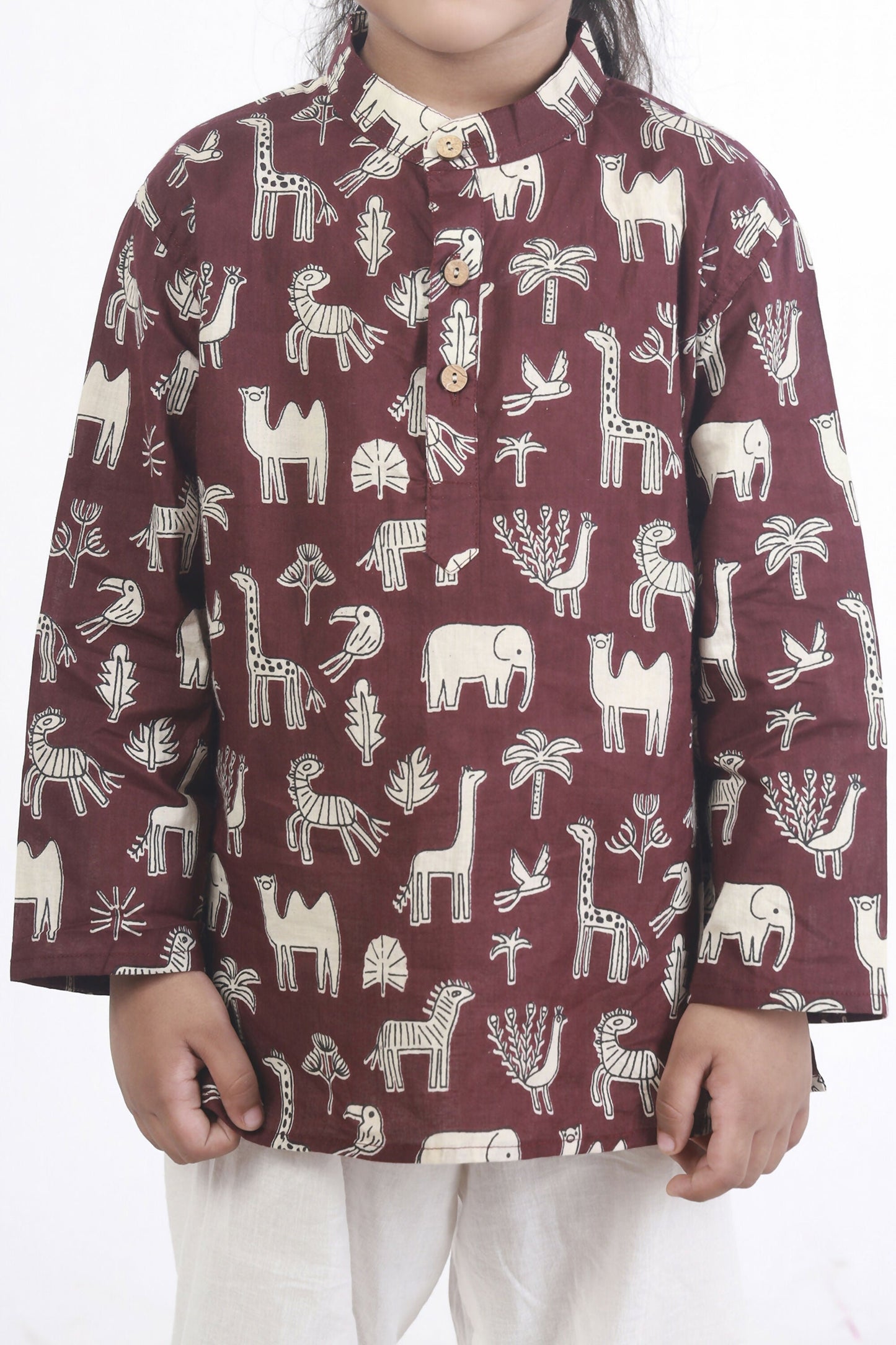 Breathables Kids Cotton Night Suit  Wine Animal Print Kurta & Pyjama Co-Ord Set For Boys & Girls