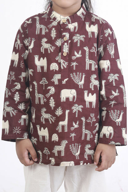 Breathables Kids Cotton Night Suit  Wine Animal Print Kurta & Pyjama Co-Ord Set For Boys & Girls