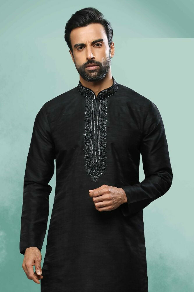 Raivat Ethnic Art Silk Mirror Embroidery Work Kurta Pajama In Black Colour