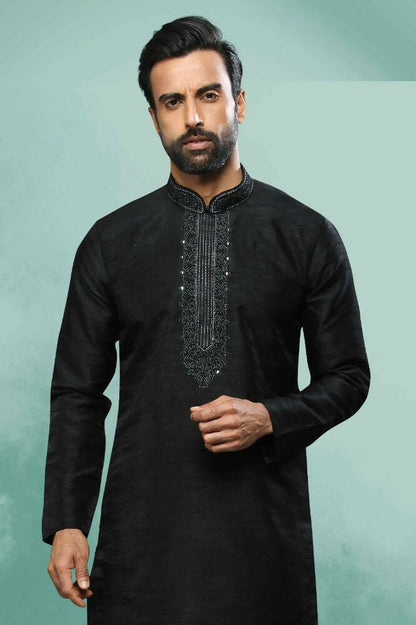 Raivat Ethnic Art Silk Mirror Embroidery Work Kurta Pajama In Black Colour