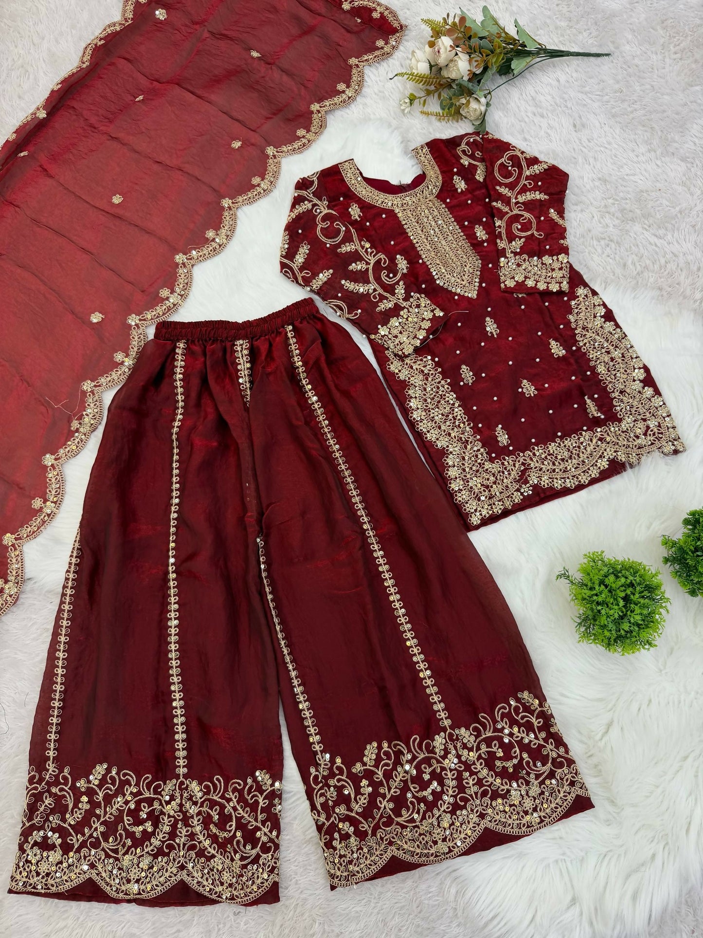 Teeya Creation New Trendy Fully Stitched Ready to Wear Kids Kurta Palazzo Set-Maroon