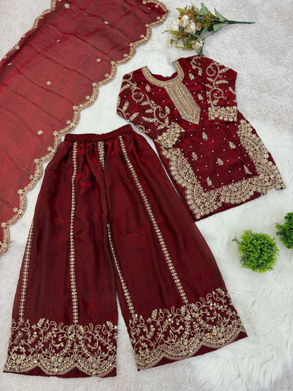 Teeya Creation New Trendy Fully Stitched Ready to Wear Kids Kurta Palazzo Set-Maroon