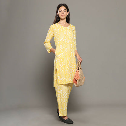 Breathables Women Cotton Printed Loungewear Kurta And Pants Co-Ord Set Yellow I Nightwear | Abstract Print