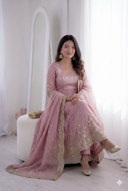 Teeya Creation Womens New Latest Trendy Elegant Baby Pink Embroidered Anarkali Suit Set with Scalloped Dupatta