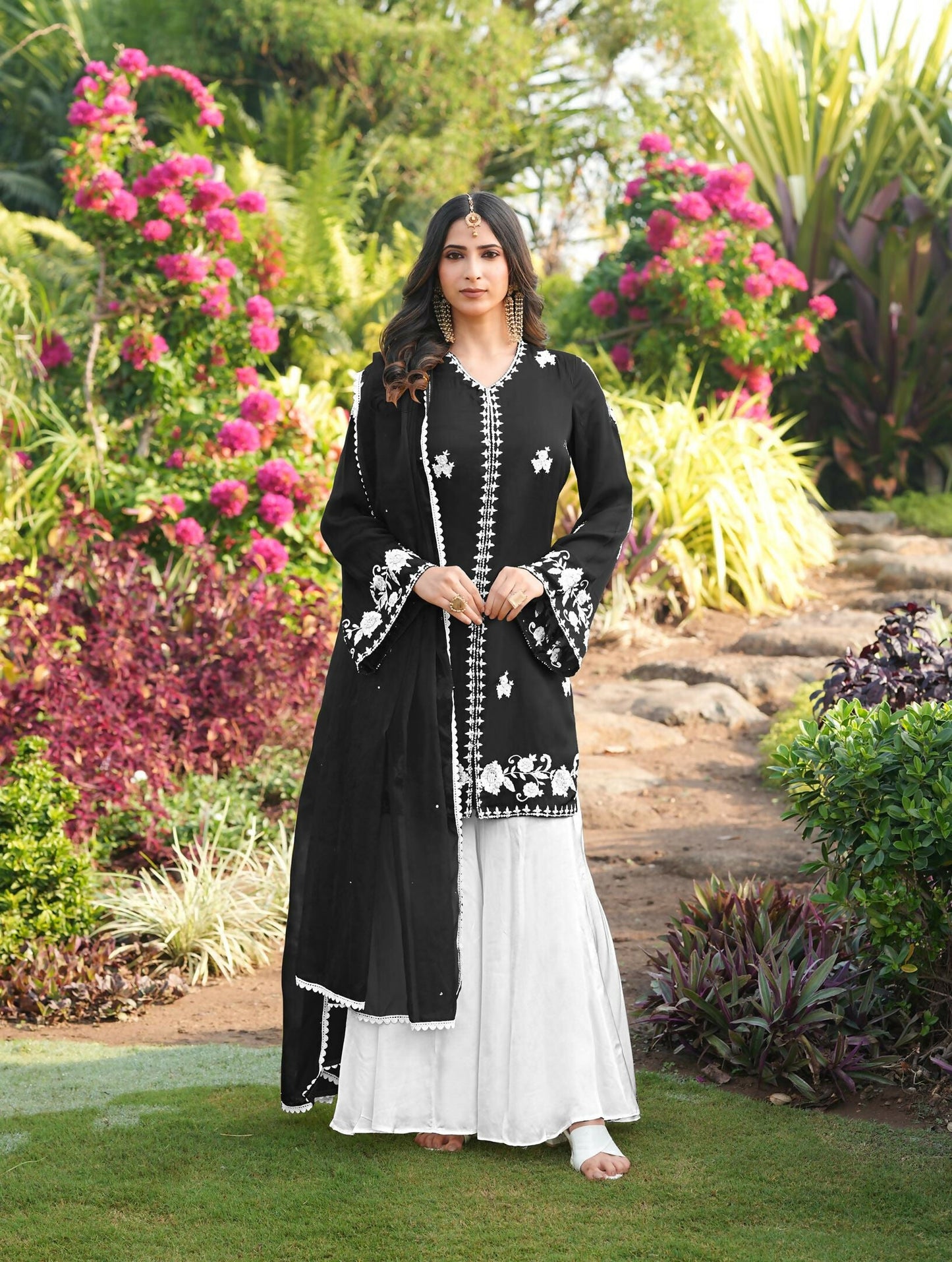 Nikhaar Black Embroidered Modal Silk Stitched Straight Cut Kurta Kalidar Palazzo Dupatta Readymade Suit