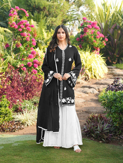 Nikhaar Black Embroidered Modal Silk Stitched Straight Cut Kurta Kalidar Palazzo Dupatta Readymade Suit
