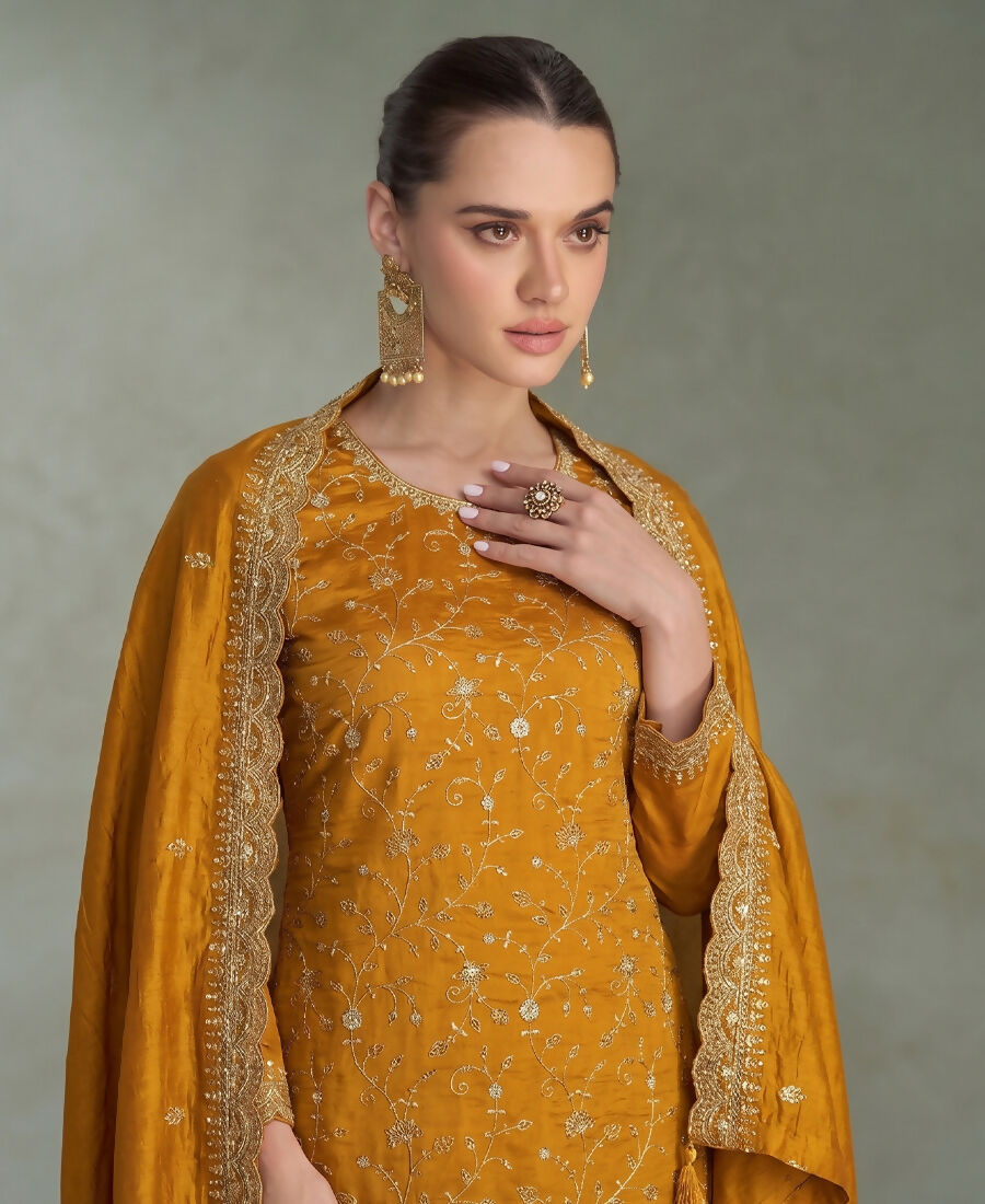 KC Yellow Silk Straight Suit For Women Heavy Embroidery Work