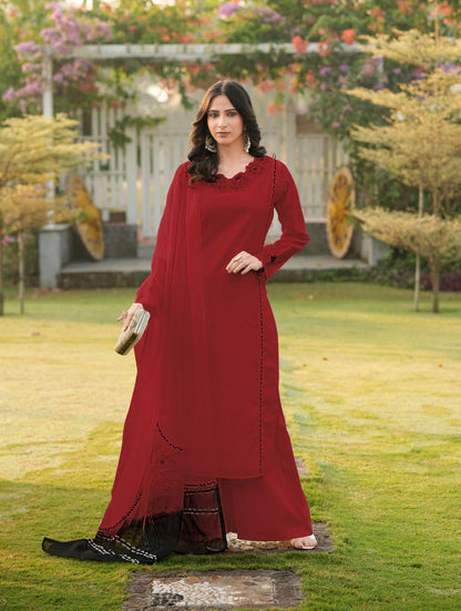 Nikhaar Maroon Embroidered Art Silk Stitched Straight Cut Kurta Palazzo Dupatta Readymade Suit