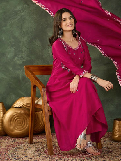 The52 Women's Gorgeous Embroidery Work Vichitra SIlk Fabric Flared Kurta Pant and Dupatta Set