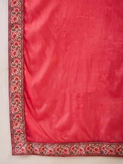 The52 Women's Beautiful Printed Work Rayon Fabric Flared Kurta Pant and Dupatta Set-Red