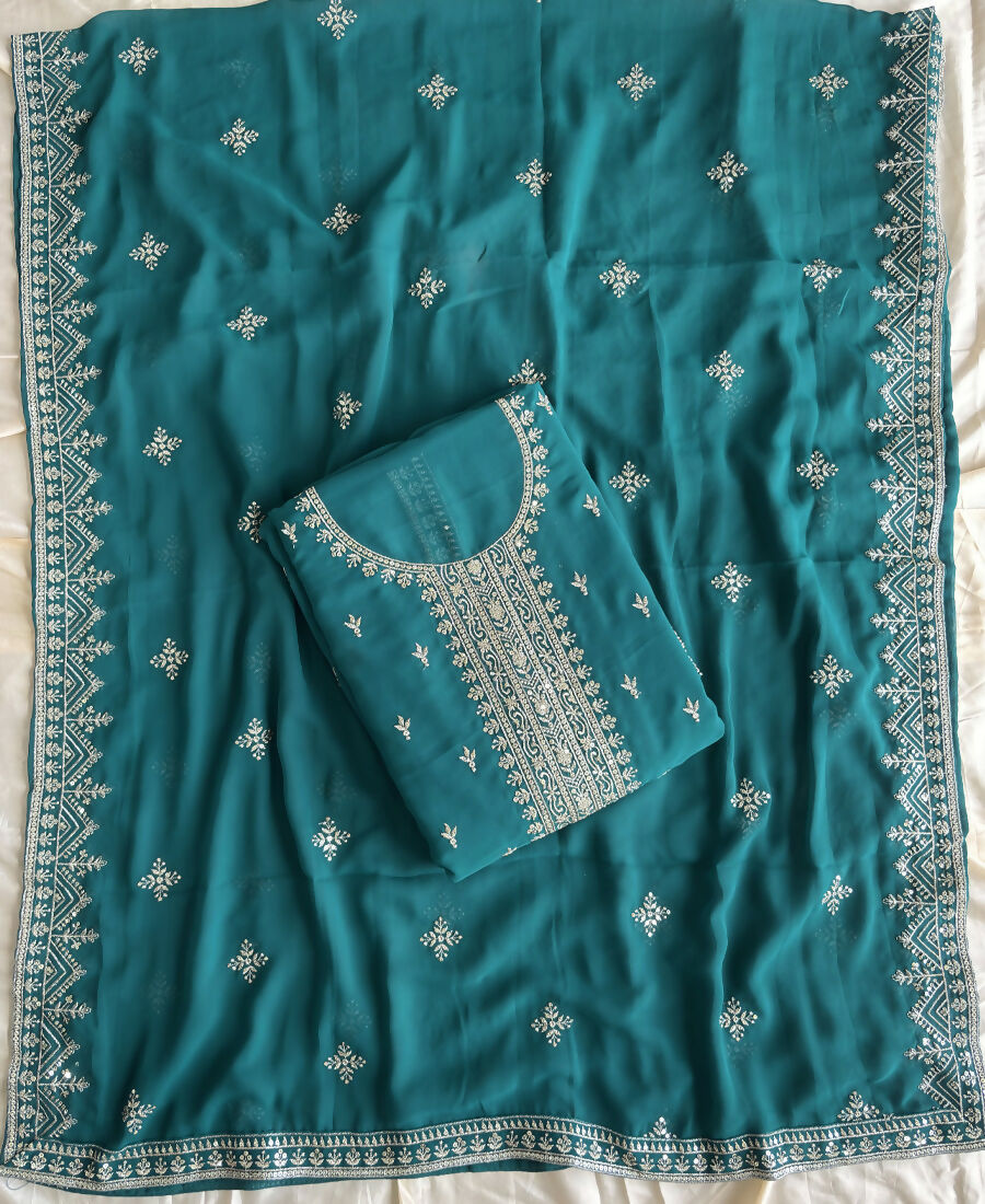 KC Aqua Blue Georgette Straight Suit With Heavy Embroidery