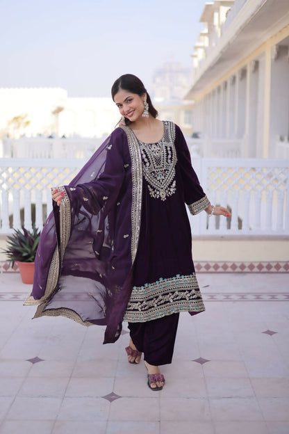 Teeya Creation Womens New Wine Velvet With Rich Zari Coding Embroidered Work Kurta Pant Dupatta Set
