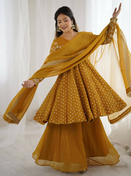 Teeya Creation Women'S New Trendy Embroidery Sequence Work Yellow Kurta Set