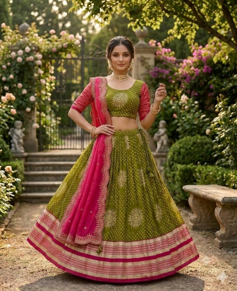 Teeya Creation Festive Olive Green Pink Designer Lehenga Choli Scalloped Border Dupatta