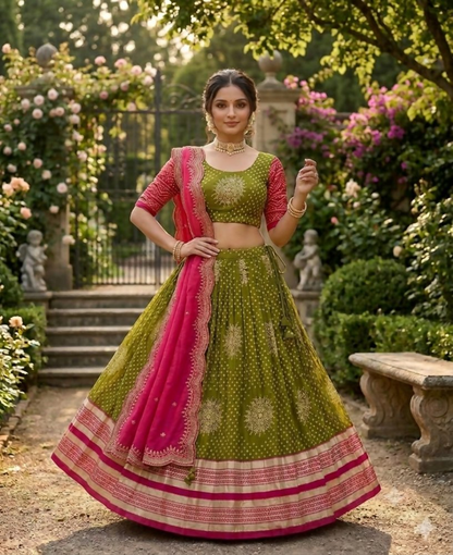 Teeya Creation Festive Olive Green Pink Designer Lehenga Choli Scalloped Border Dupatta