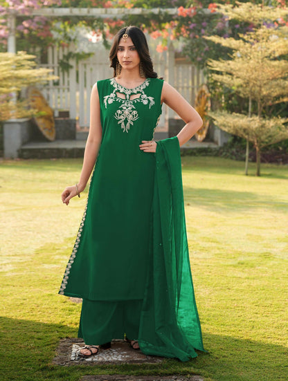 Nikhaar Green Embroidered Art Silk Stitched A Line Kurta Palazzo Dupatta Readymade Suit
