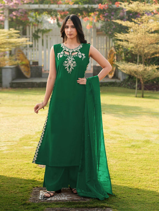 Nikhaar Green Embroidered Art Silk Stitched A Line Kurta Palazzo Dupatta Readymade Suit