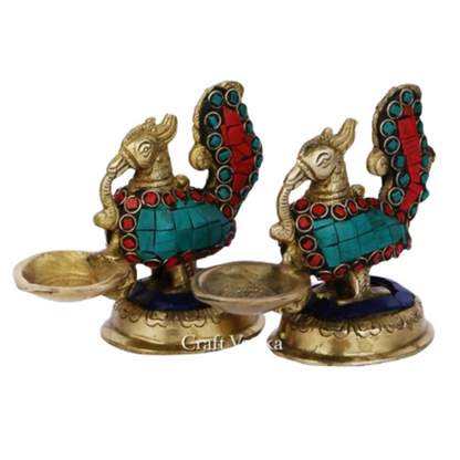 CraftVatika Brass Pair Of Peacock Diya Stand Showpiece