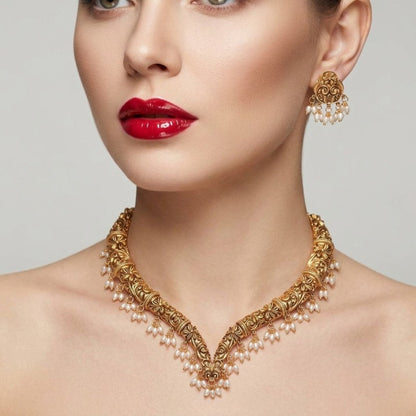 Jewel City Handcrafted Traditional Gold-Plated Choker Necklace Set with Pearl Drops - Ethnic Jewelry for Weddings