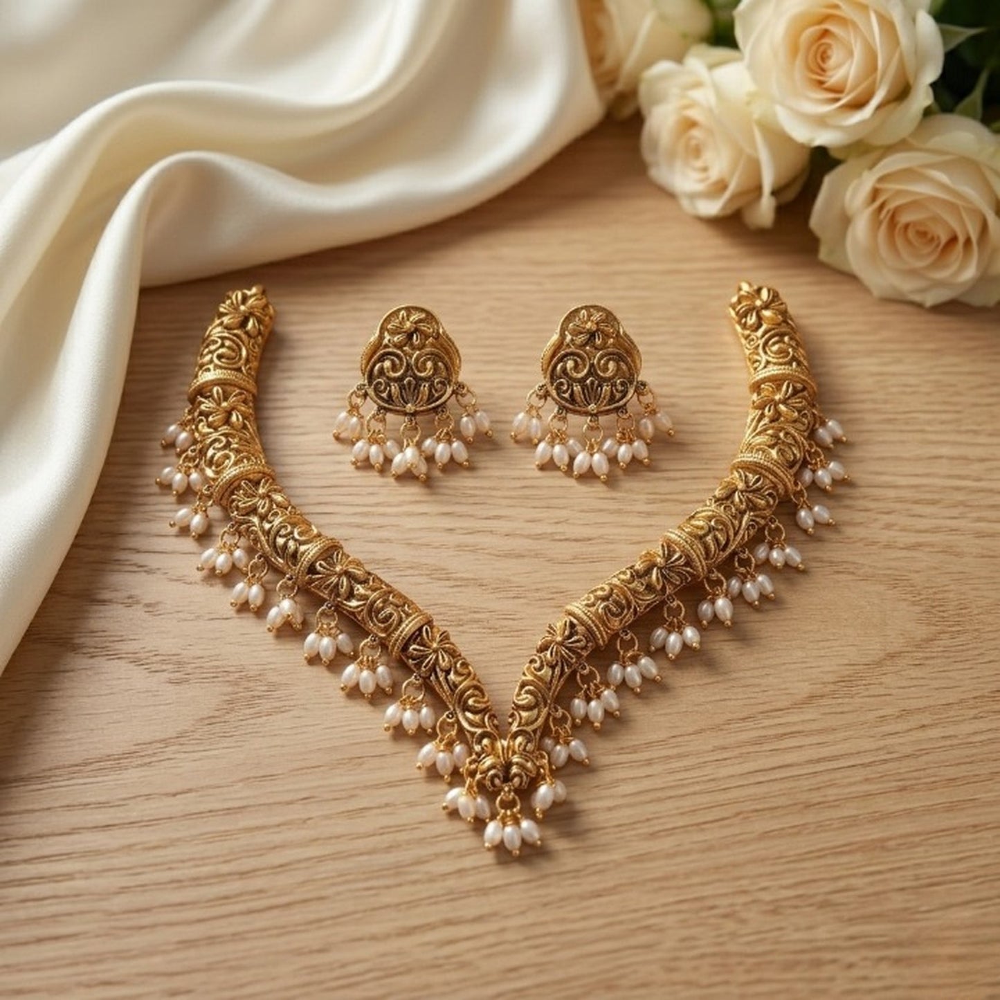 Jewel City Handcrafted Traditional Gold-Plated Choker Necklace Set with Pearl Drops - Ethnic Jewelry for Weddings