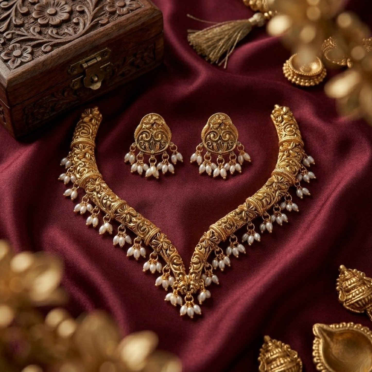 Jewel City Handcrafted Traditional Gold-Plated Choker Necklace Set with Pearl Drops - Ethnic Jewelry for Weddings