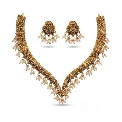 Jewel City Handcrafted Traditional Gold-Plated Choker Necklace Set with Pearl Drops - Ethnic Jewelry for Weddings