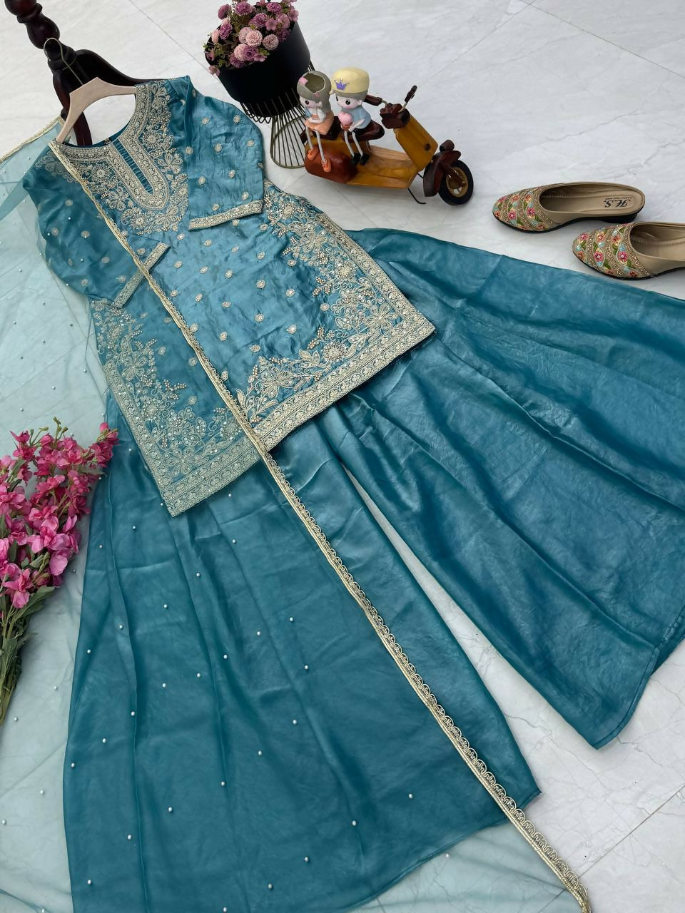 Teeya Creation New Trendy Womens Wedding Wear Kurta Palazzo Set - Teal