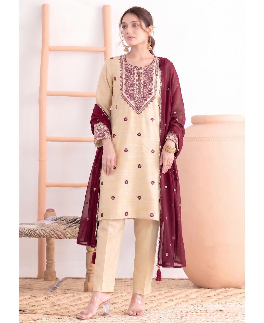 KC Khadi Cotton White Suit With Pink Dupatta 3 Piece Pair For Women
