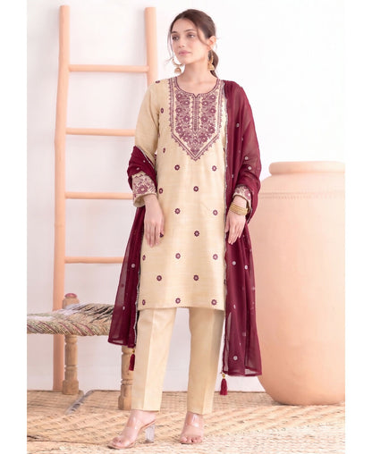 KC Khadi Cotton White Suit With Pink Dupatta 3 Piece Pair For Women
